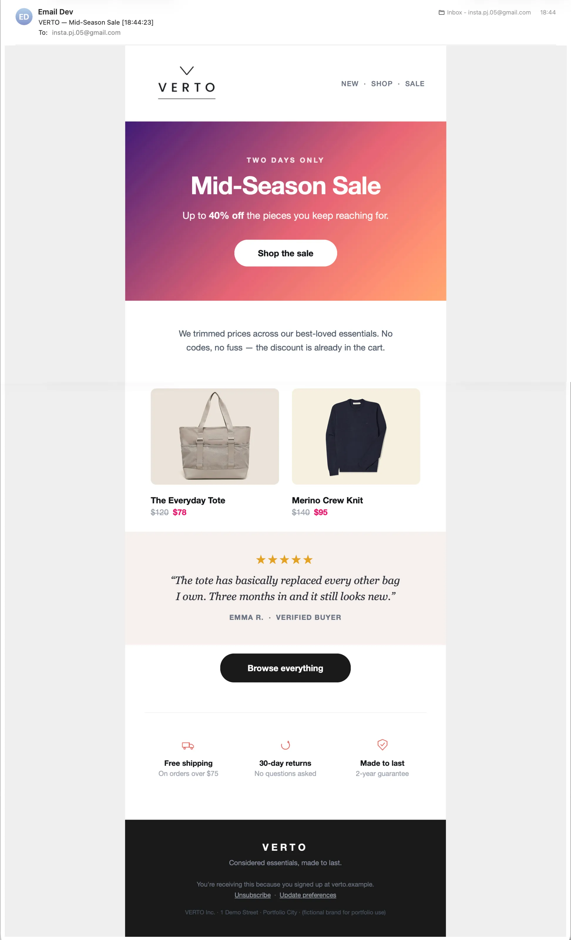 VERTO email, full render — Apple Mail, iOS, light mode