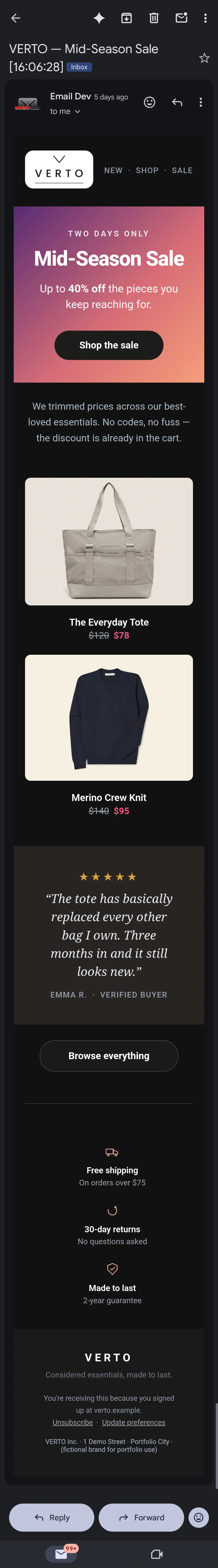 VERTO email, full render — Gmail, Android, dark mode