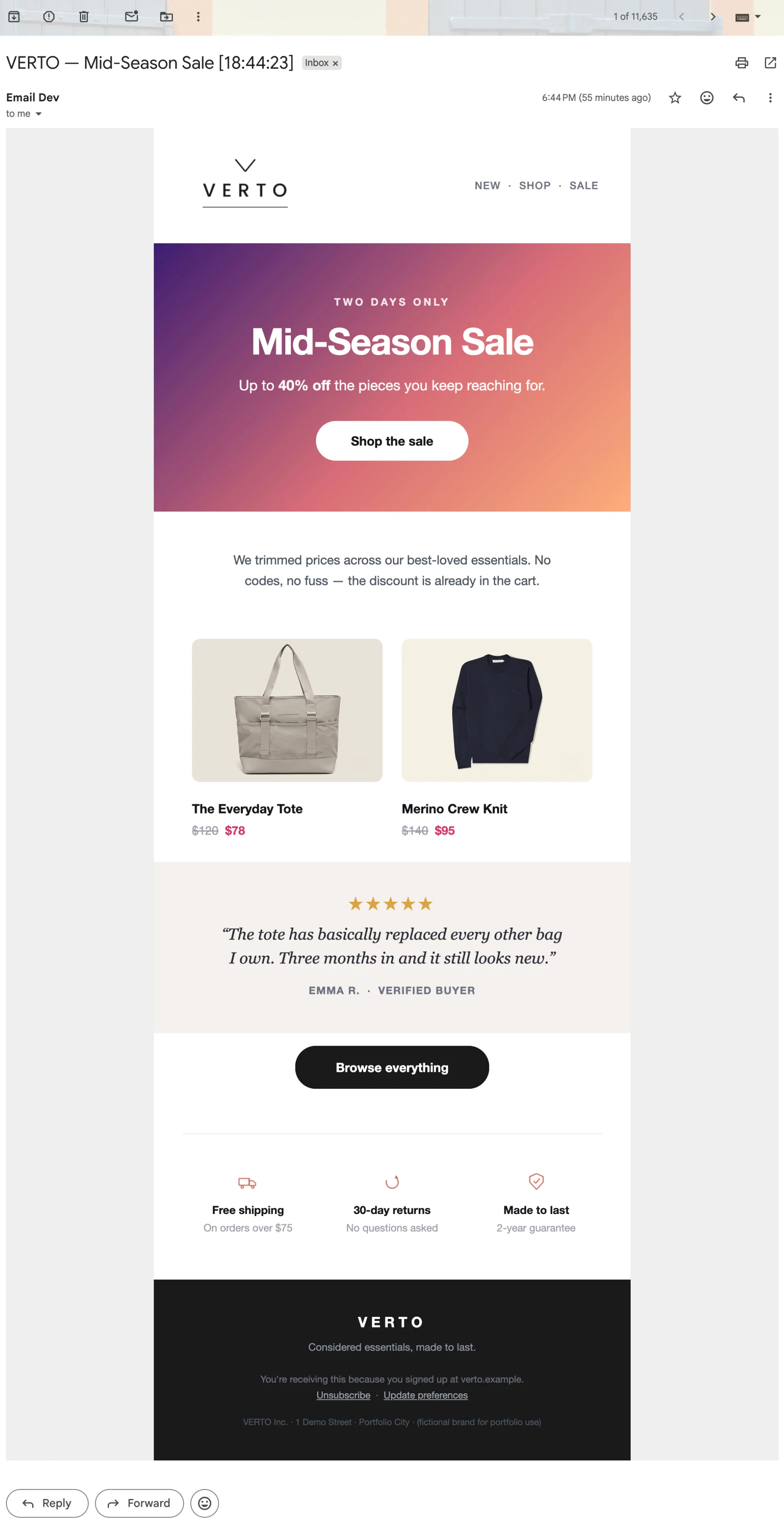 VERTO email, full render — Gmail web, Chrome, light mode