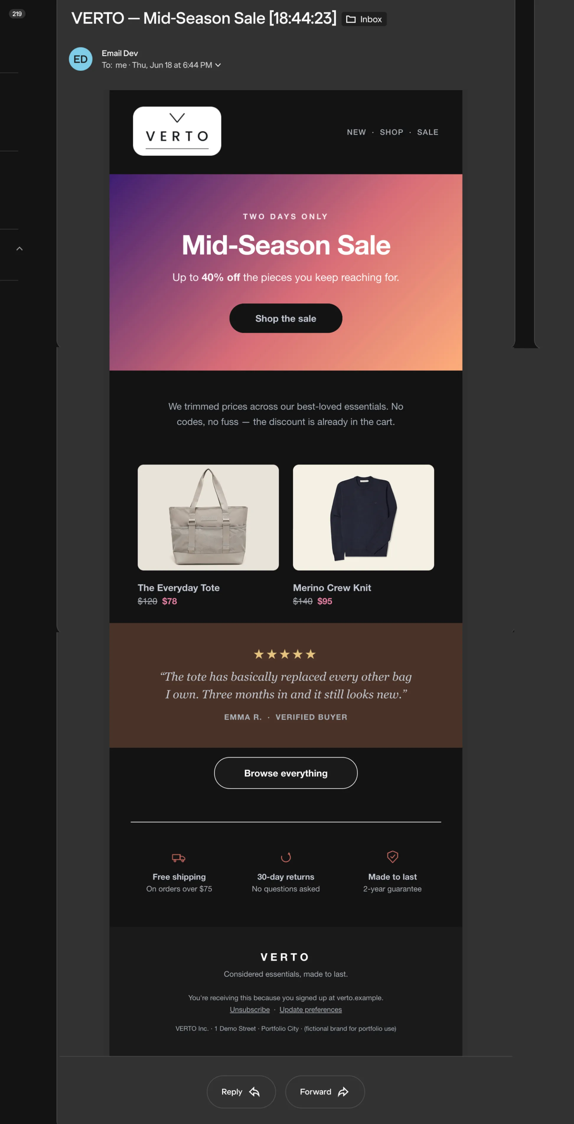 VERTO email, full render — Yahoo web, Chrome, dark mode